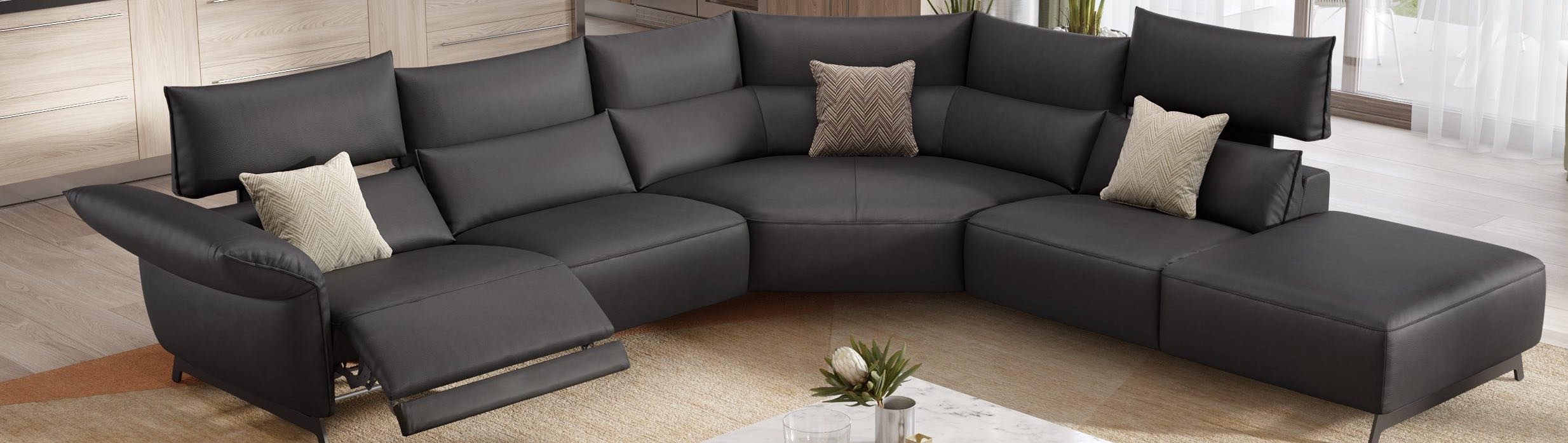 Ecksofa aus Leder in Schwarz