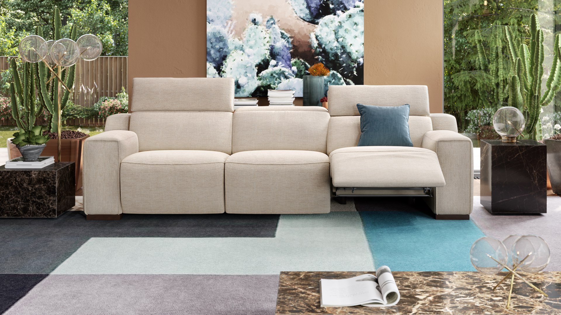 Stoff 2-Sitzer + 3-Sitzer Sofa XXL + Hocker LORETO